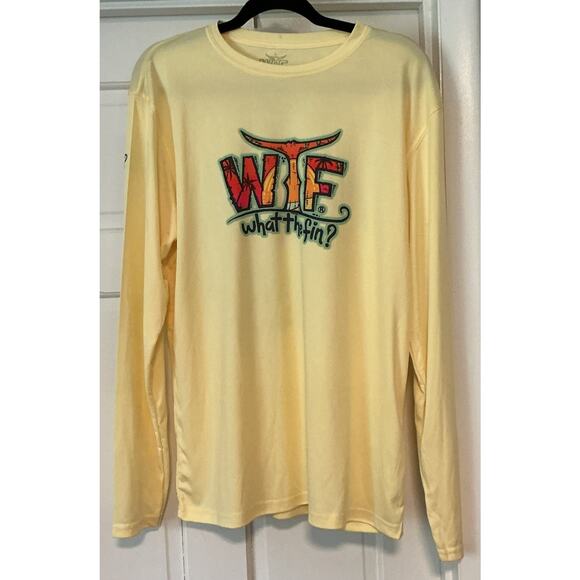 WHAT THE FIN? Shirt Mens Large Yellow UPF 50 Beach Turtle Performance Rashguard - Picture 1 of 9